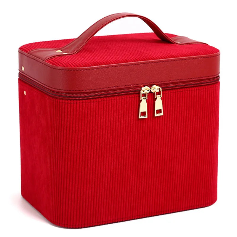 Large corduroy cosmetic storage box with soft lining in solid colour