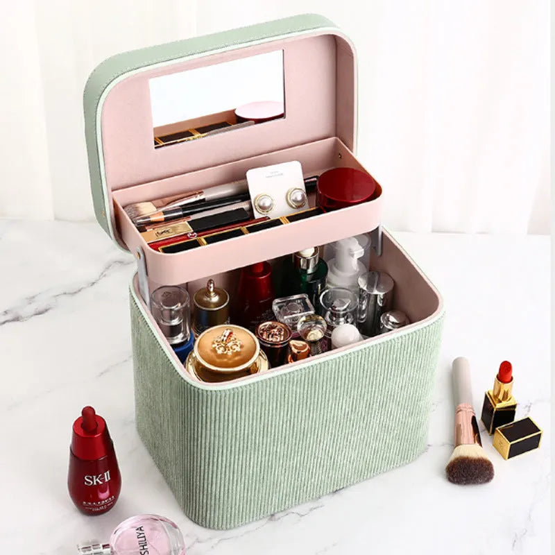 Large corduroy cosmetic storage box with soft lining in solid colour