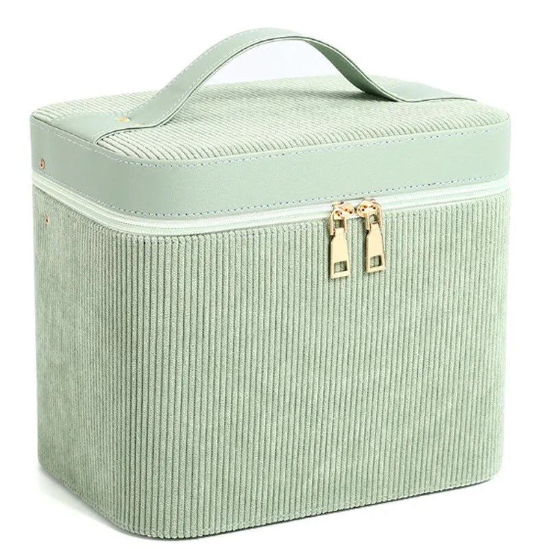 Large corduroy cosmetic storage box with soft lining in solid colour