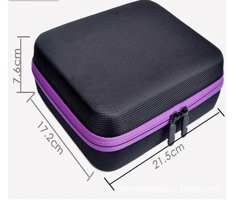 Red EVA cube-shaped bag with 30 compartments for 15ml essential oil bottles, shown with zipper open.