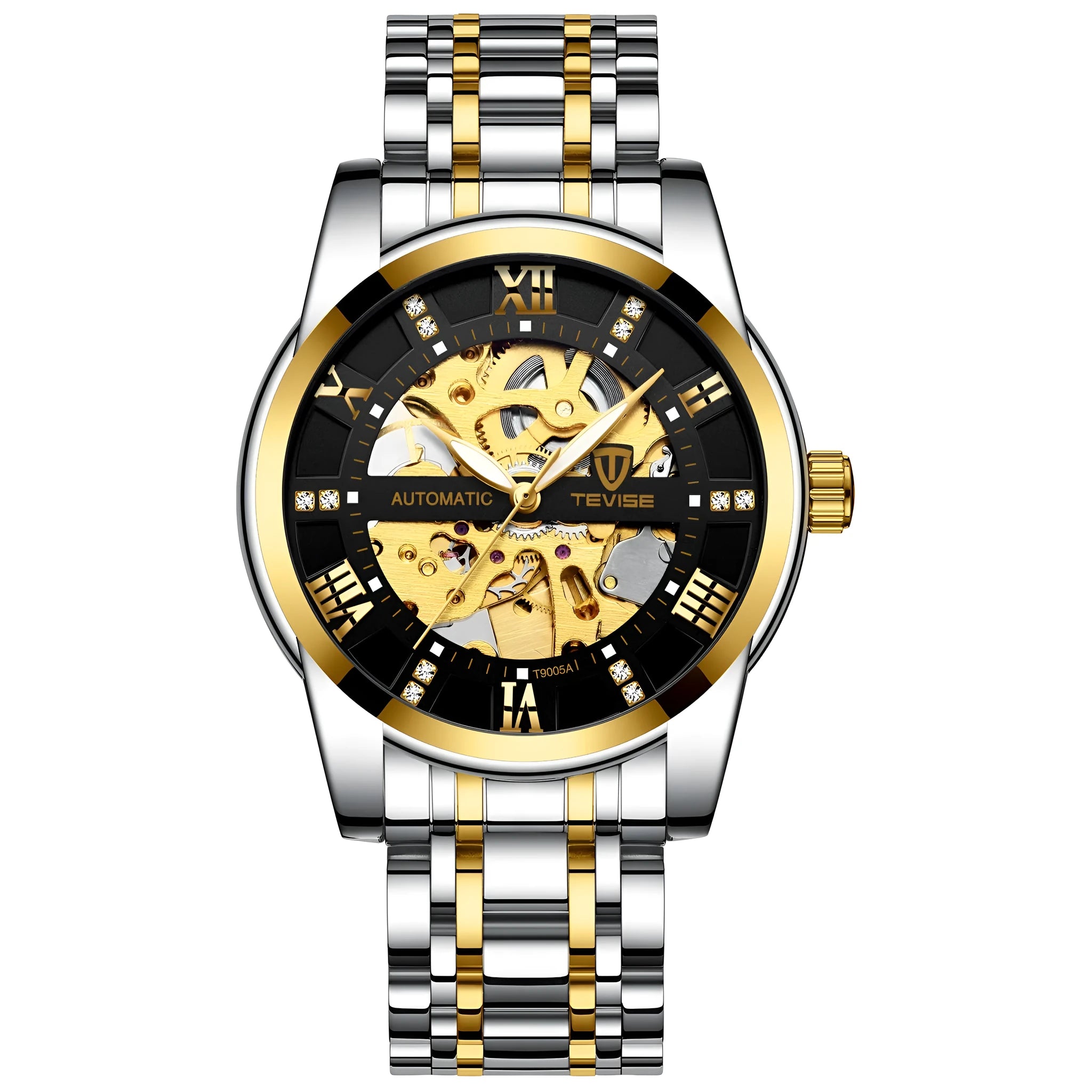 TEVISE T9005A men's automatic mechanical watch with skeleton dial, stainless steel strap, and 41mm round case