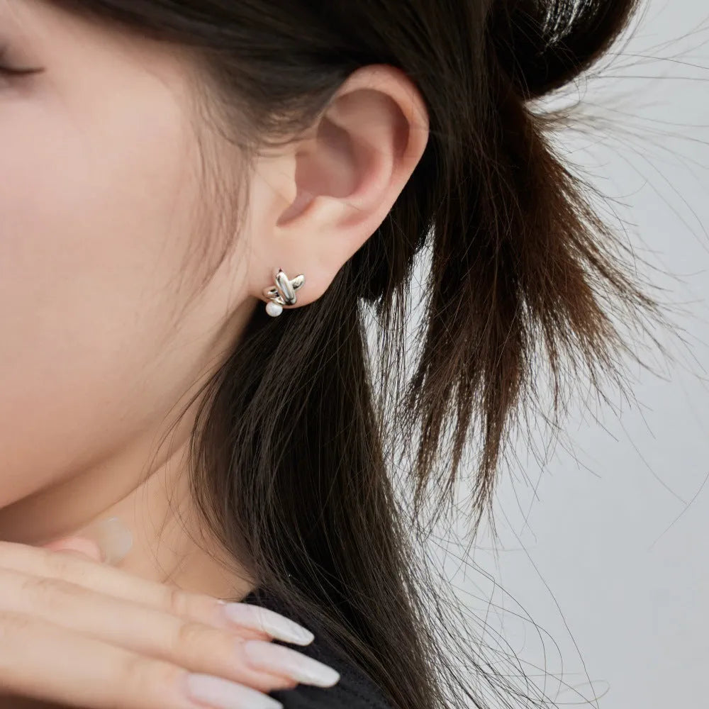 Micro pearl pendant X-shaped 925 silver earrings for women in gold finish