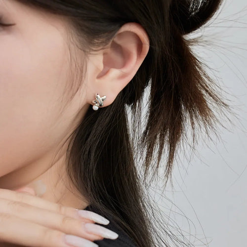 Micro pearl pendant X-shaped 925 silver earrings for women in gold finish