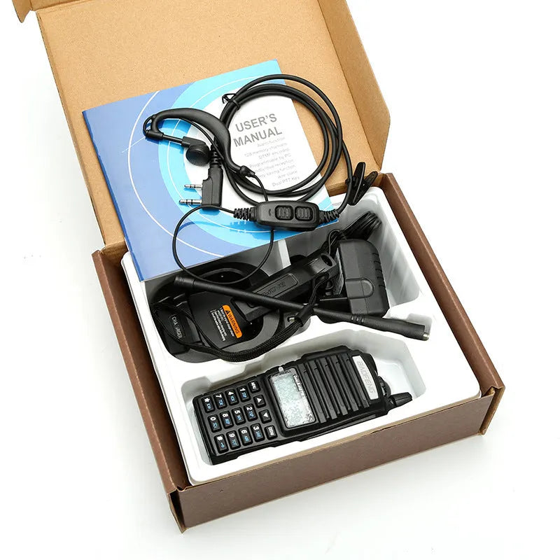 BF-UV82 8W walkie talkie black with antenna and display front view