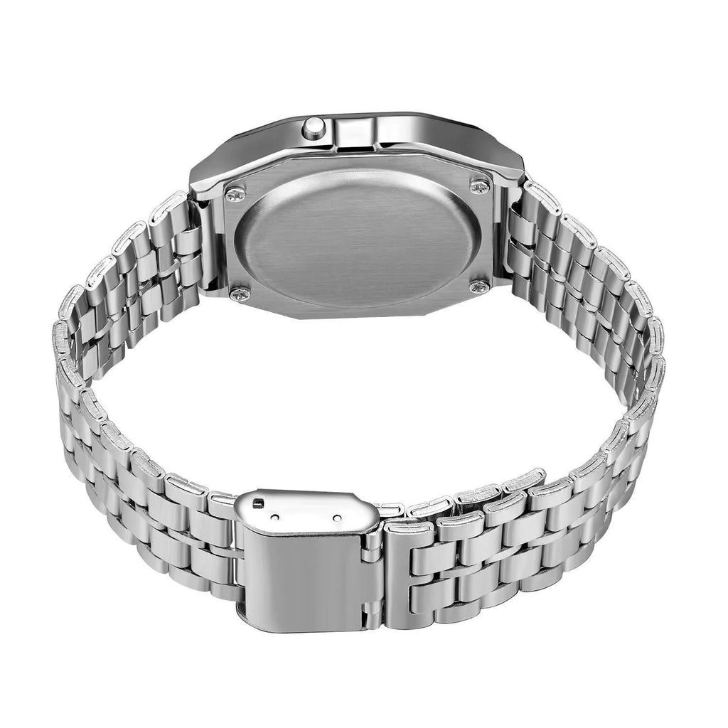 WR F91W electronic watch with stainless steel strap, number display, square dial, black colour