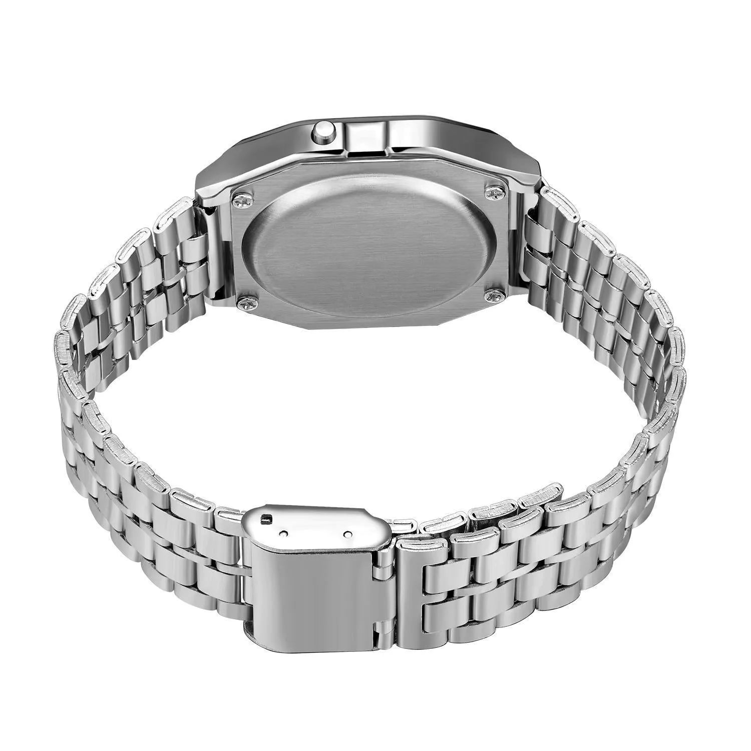 WR F91W electronic watch with stainless steel strap, number display, square dial, black colour