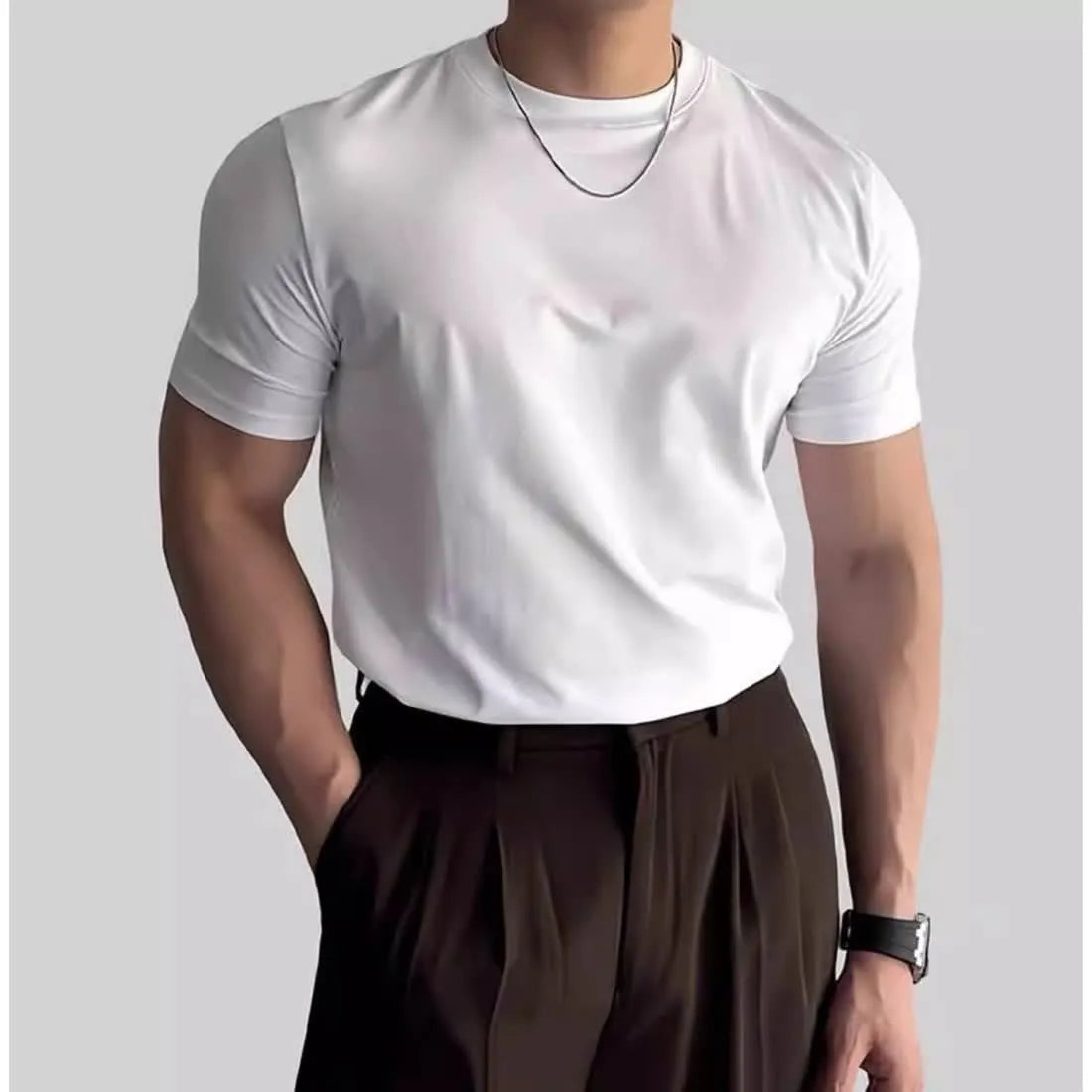 Men's solid colour slim fit polyester short sleeve sports t-shirt in black, front view