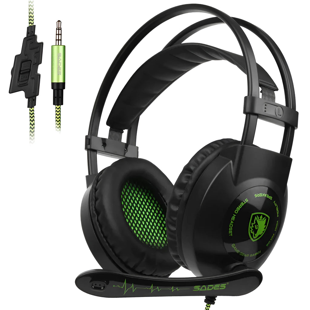 Green wired gaming headset with USB plug, ear-hook design, and microphone