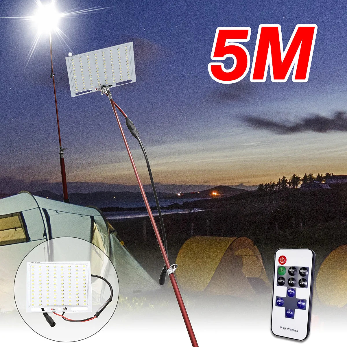 IP68 waterproof LED fishing rod light with telescopic pole and remote control on a 12V battery.