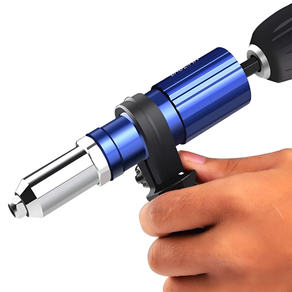 Electric rivet gun in blue and black, 160mm length, carbon steel and plastic body, with auxiliary grip