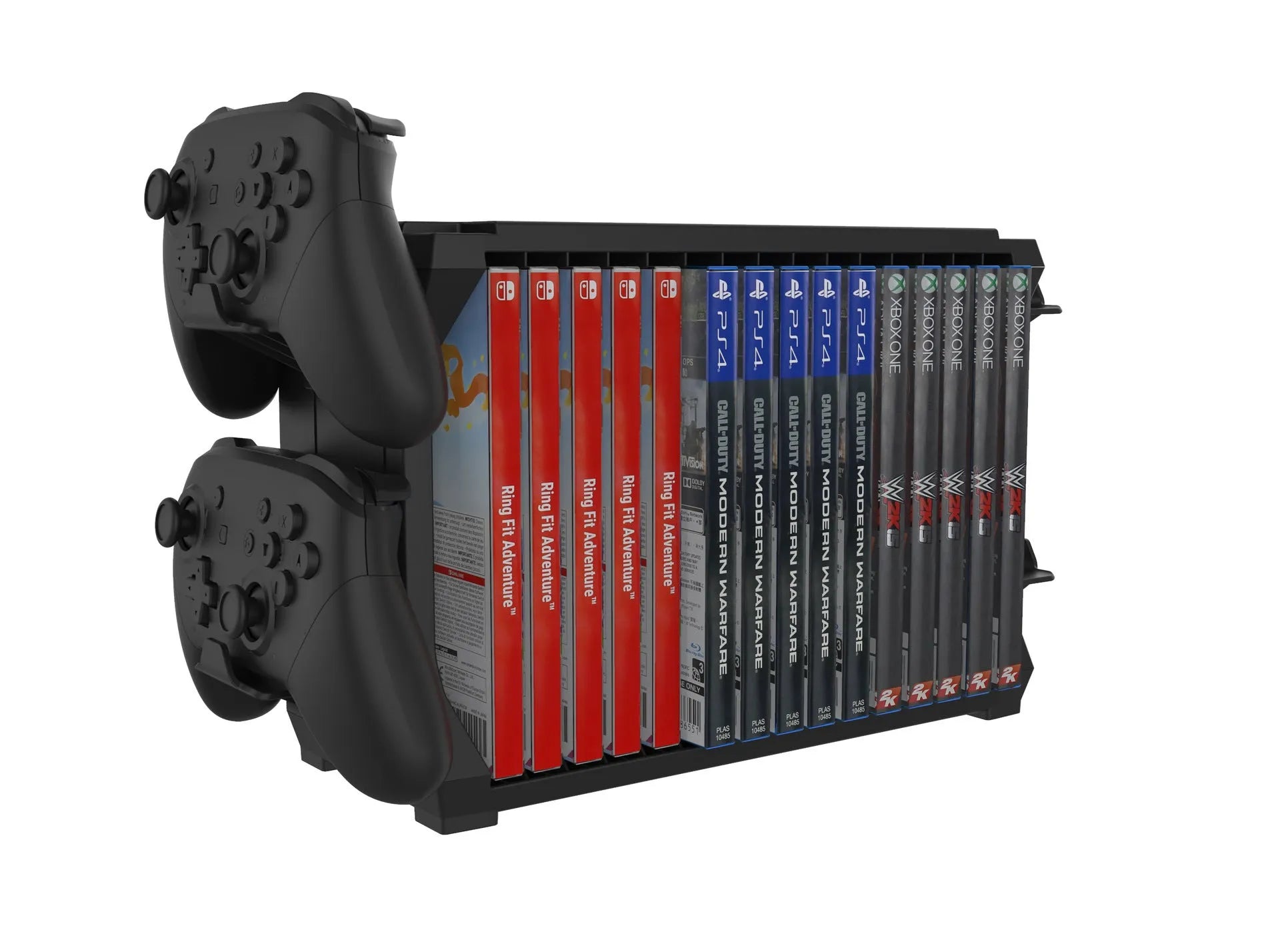 Black PS5 and Xbox Series X disc holder stand with slots for game cases and four controllers.