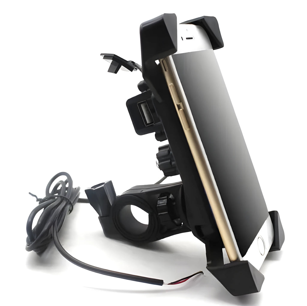 Black motorcycle phone holder with adjustable clamp and USB charging port mounted on handlebars