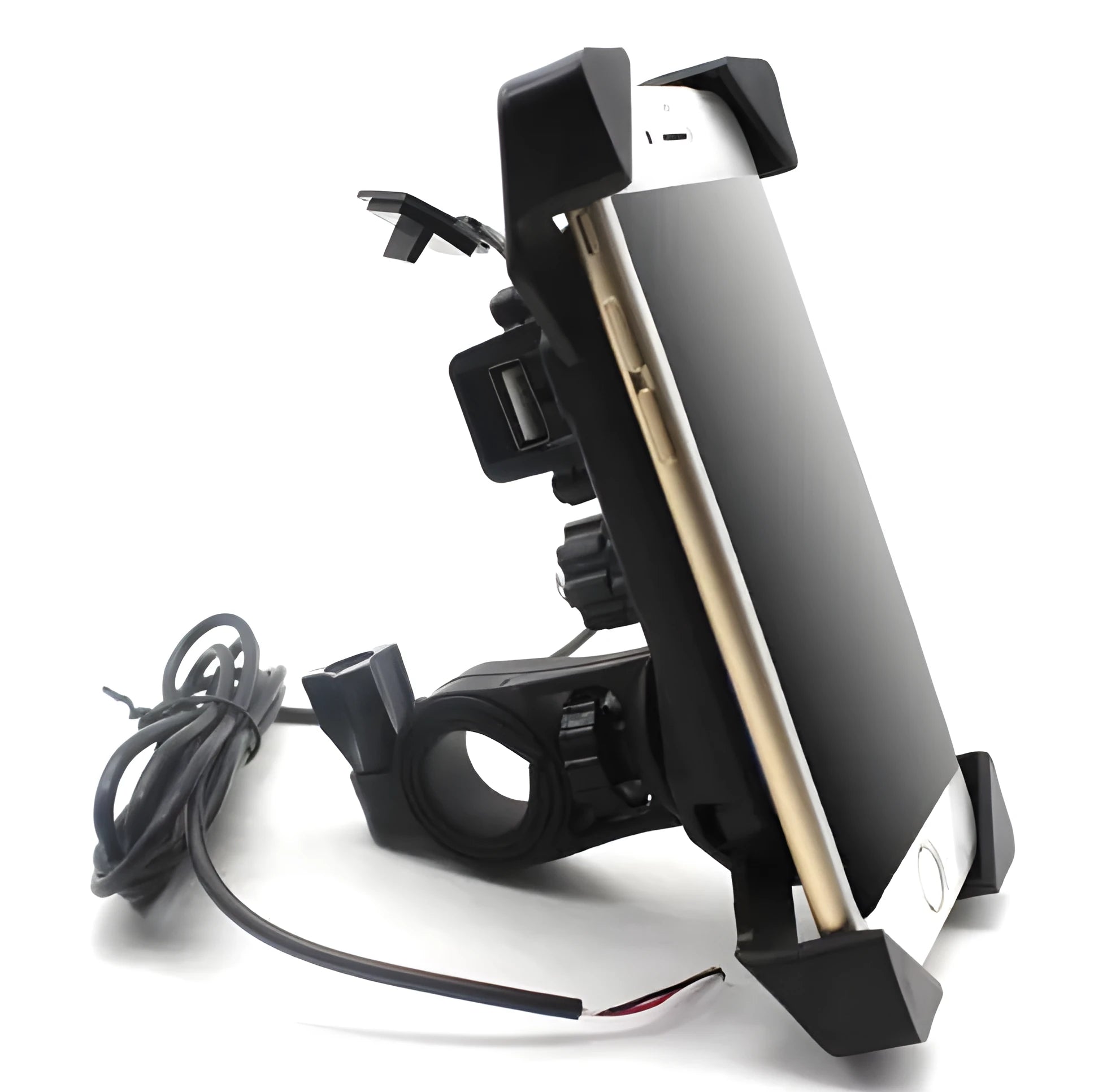 Black motorcycle phone holder with adjustable clamp and USB charging port mounted on handlebars