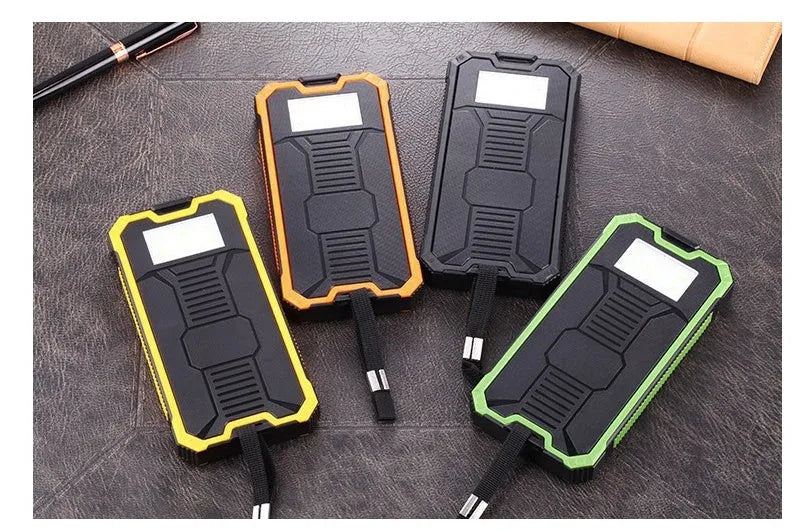 Solar power bank in orange, green, black, or yellow with display showing 6000, 8000, and 10000mAh capacity options.
