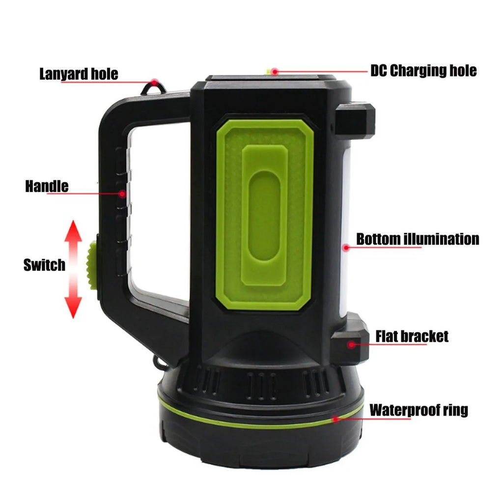 Green rechargeable LED flashlight with USB charging port showing dual lighting modes