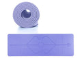 TPE yoga mat 183x61cm non-slip stripe pattern in deep blue rolled out on floor