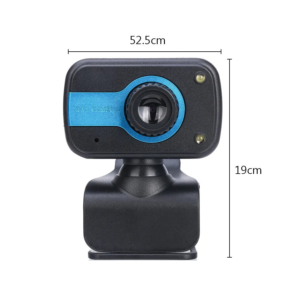 Mini driverless USB webcam with rotating lens in blue, red, or white colours.