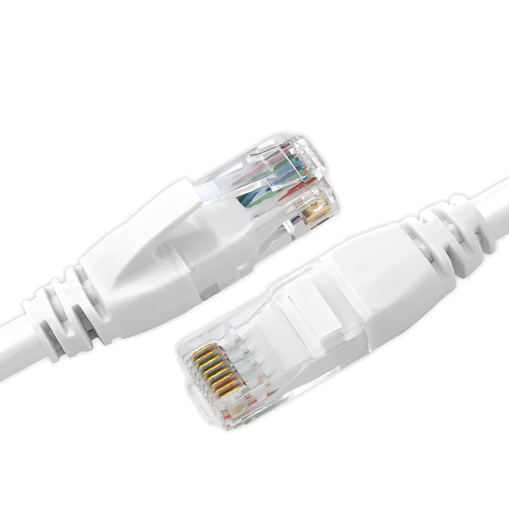 White Cat6 network cable with RJ-45 connectors on both ends lying on a flat surface