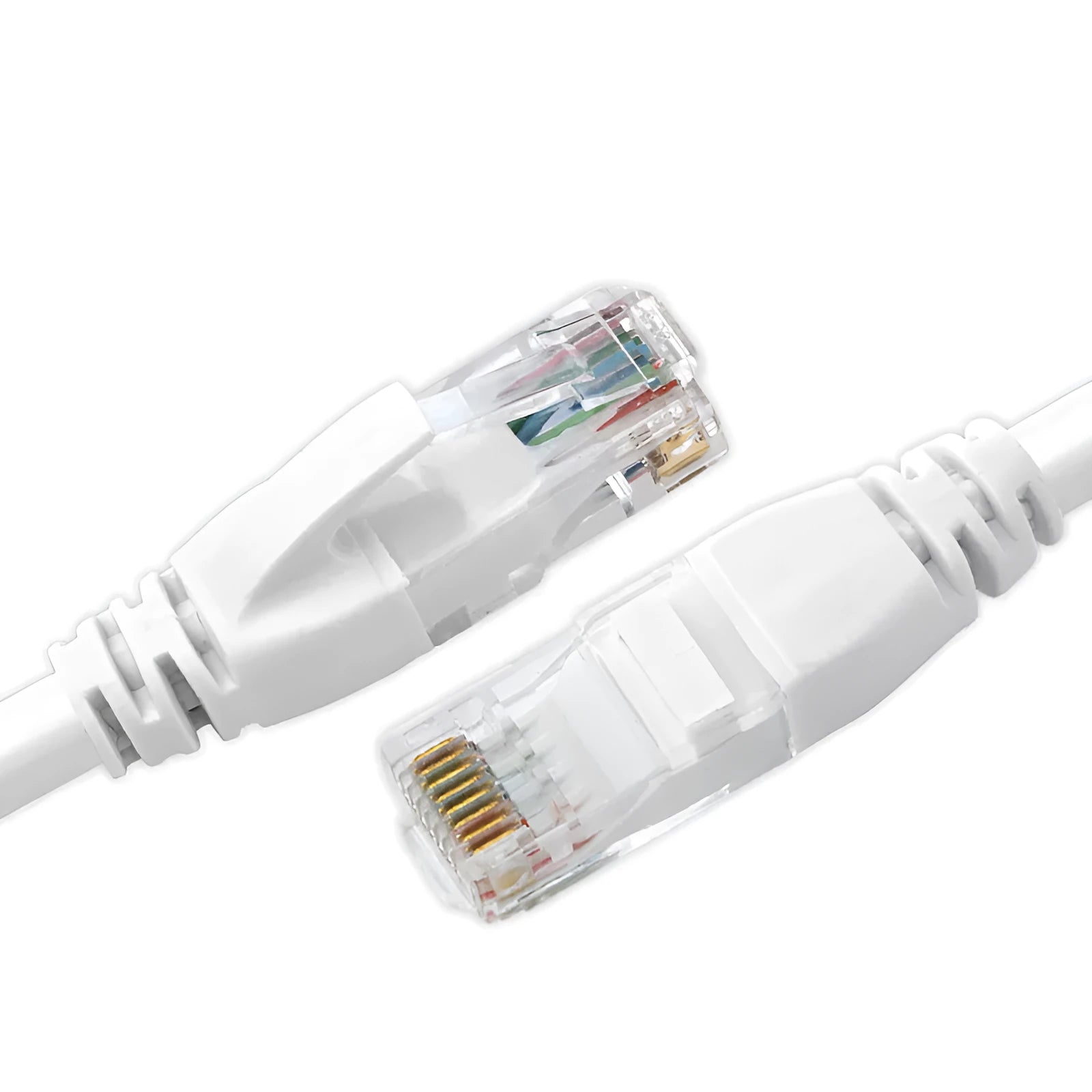 White Cat6 network cable with RJ-45 connectors on both ends lying on a flat surface