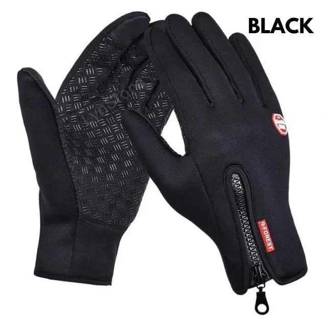 Winter touch screen motorcycle gloves with fleece lining in black and blue colours