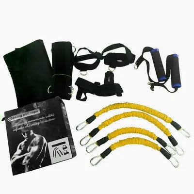 Boxing training belt set with 30LBS pull tubes, black waist belt, and straps on floor
