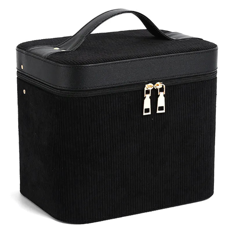 Large corduroy cosmetic storage box with soft lining in solid colour