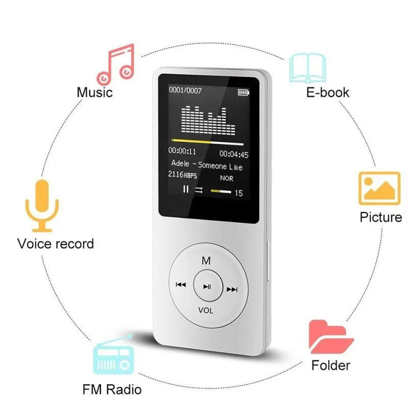 Black portable MP3 player with 1.8-inch TFT display, buttons, and TF card slot on a white background