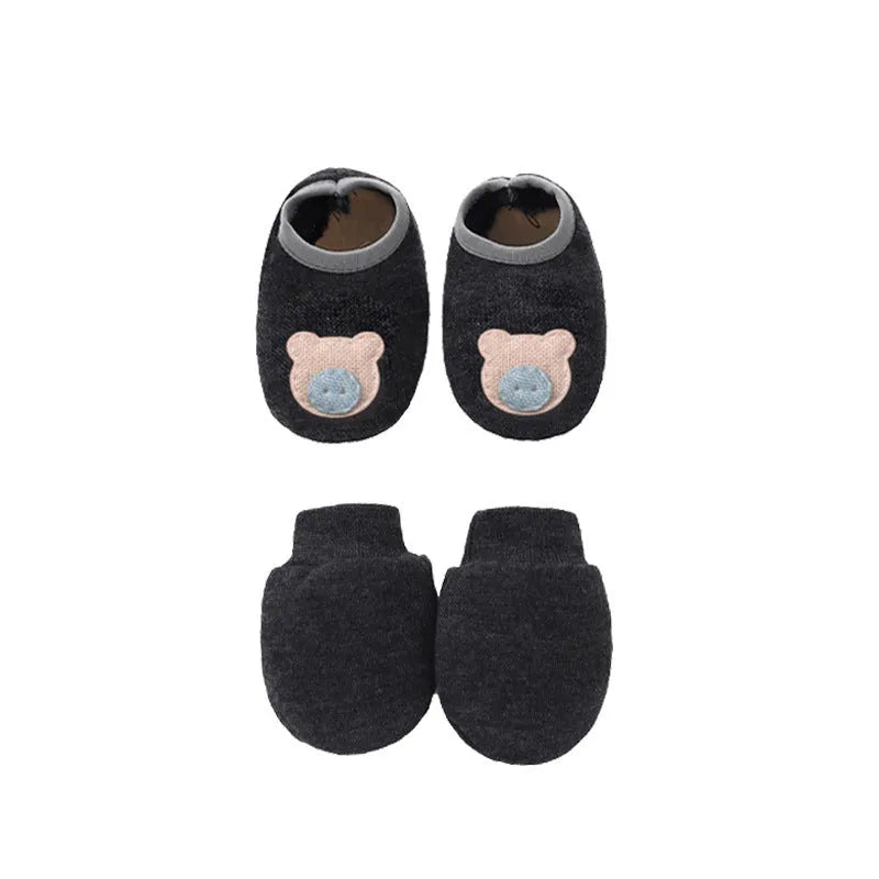 Cotton baby gloves and foot cover set in multiple colours including light blue, navy blue, pink, and camel
