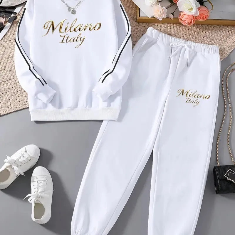 Women's casual suit with black round-neck top and matching polyester trousers, long sleeves, contrast-colour detailing