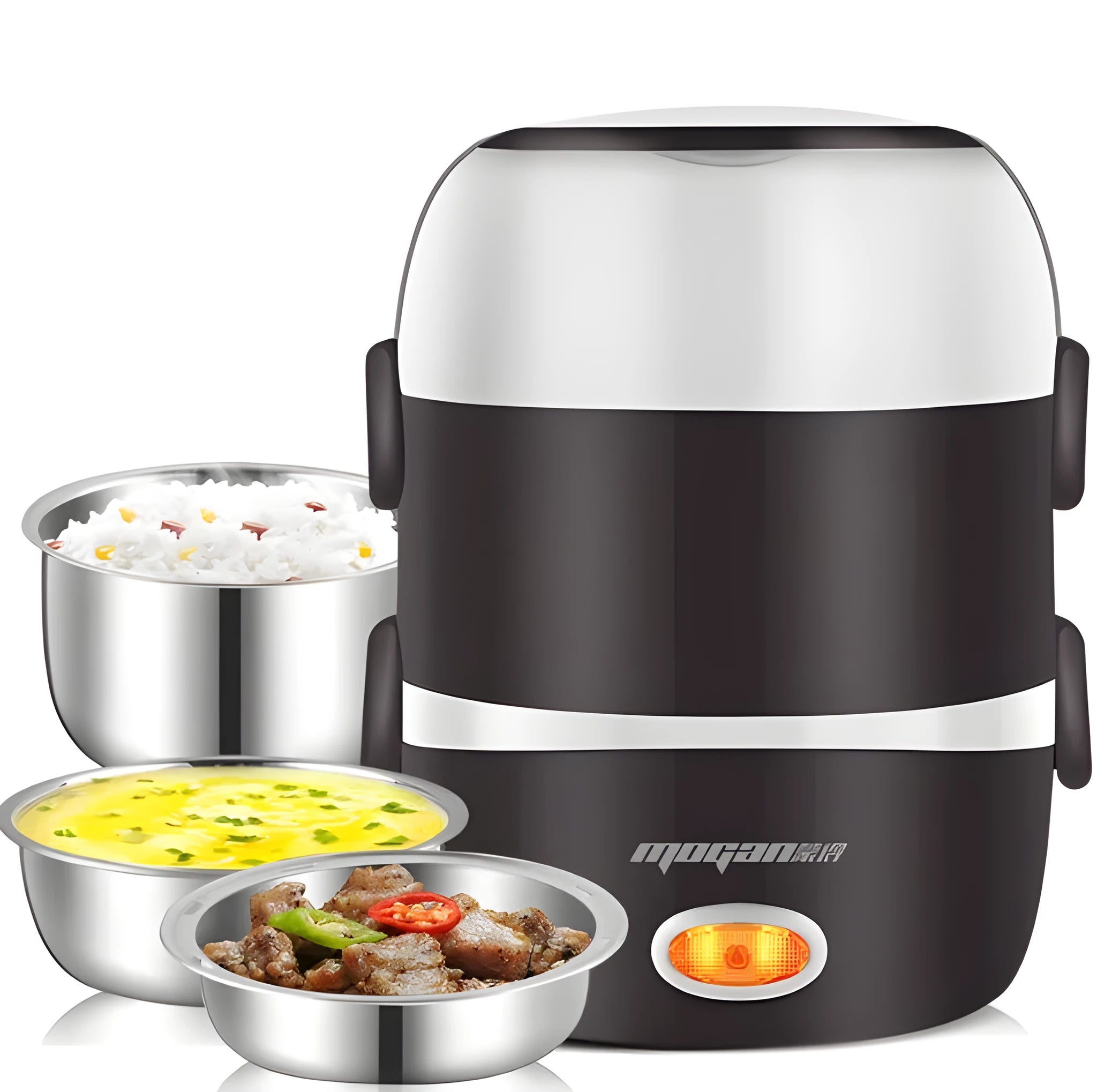 White rice cooker with 2-litre capacity and digital controls on kitchen counter