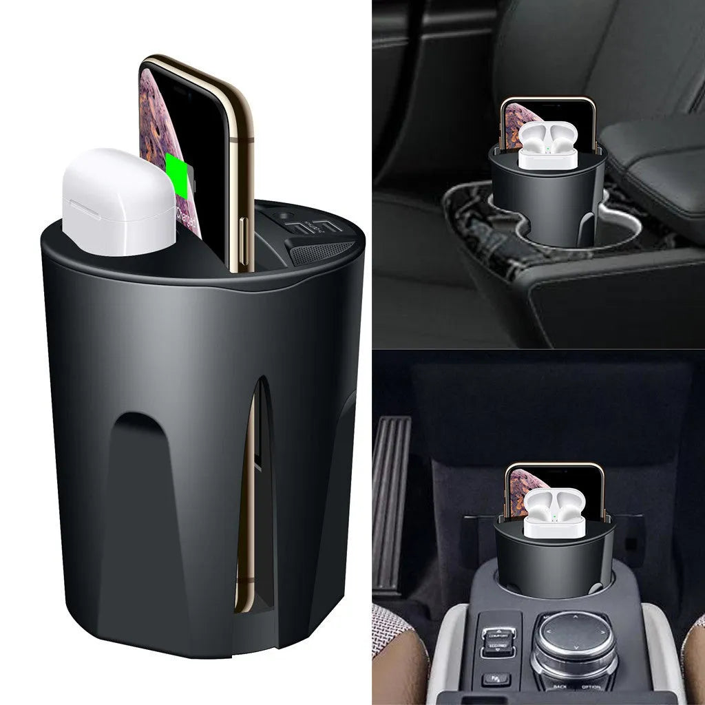 Black car wireless charging cup holder with QI 10W charging, USB and Type-C ports