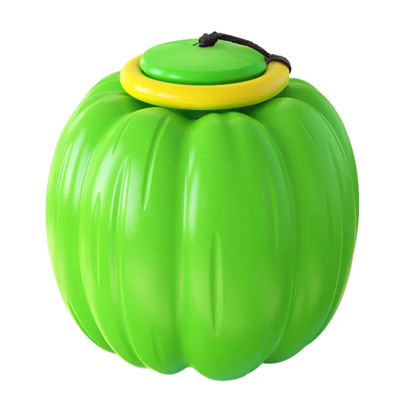 Halloween pumpkin dog chew ball with squeaker in green, orange and yellow colours for small dogs