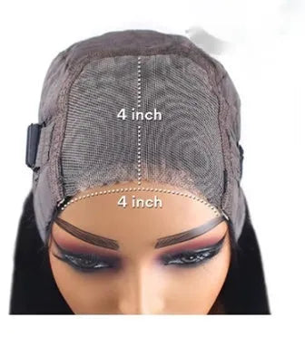 Glueless human hair straight wig with side bangs, shown in long length.