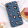 Leopard print mobile phone case for iPhone in black, blue, and pink colours