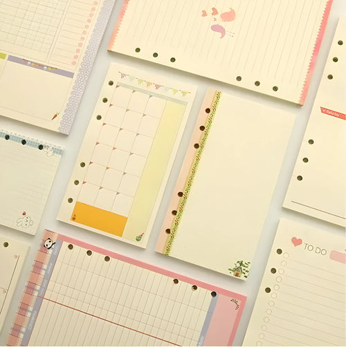 Coloured A5 A6 binder filler paper sheets with various page styles for planners and diaries