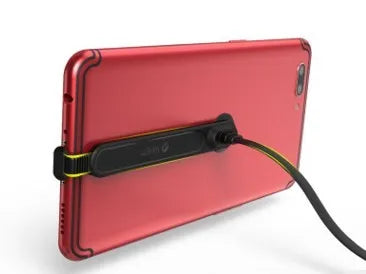 Compatible gaming phone cable with 90-degree L-shaped bend and white suction cup attached to a phone.