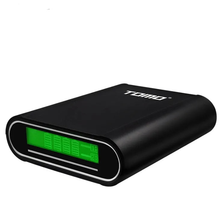 Black and white DIY mobile power bank and 18650 battery charger unit with LCD display.