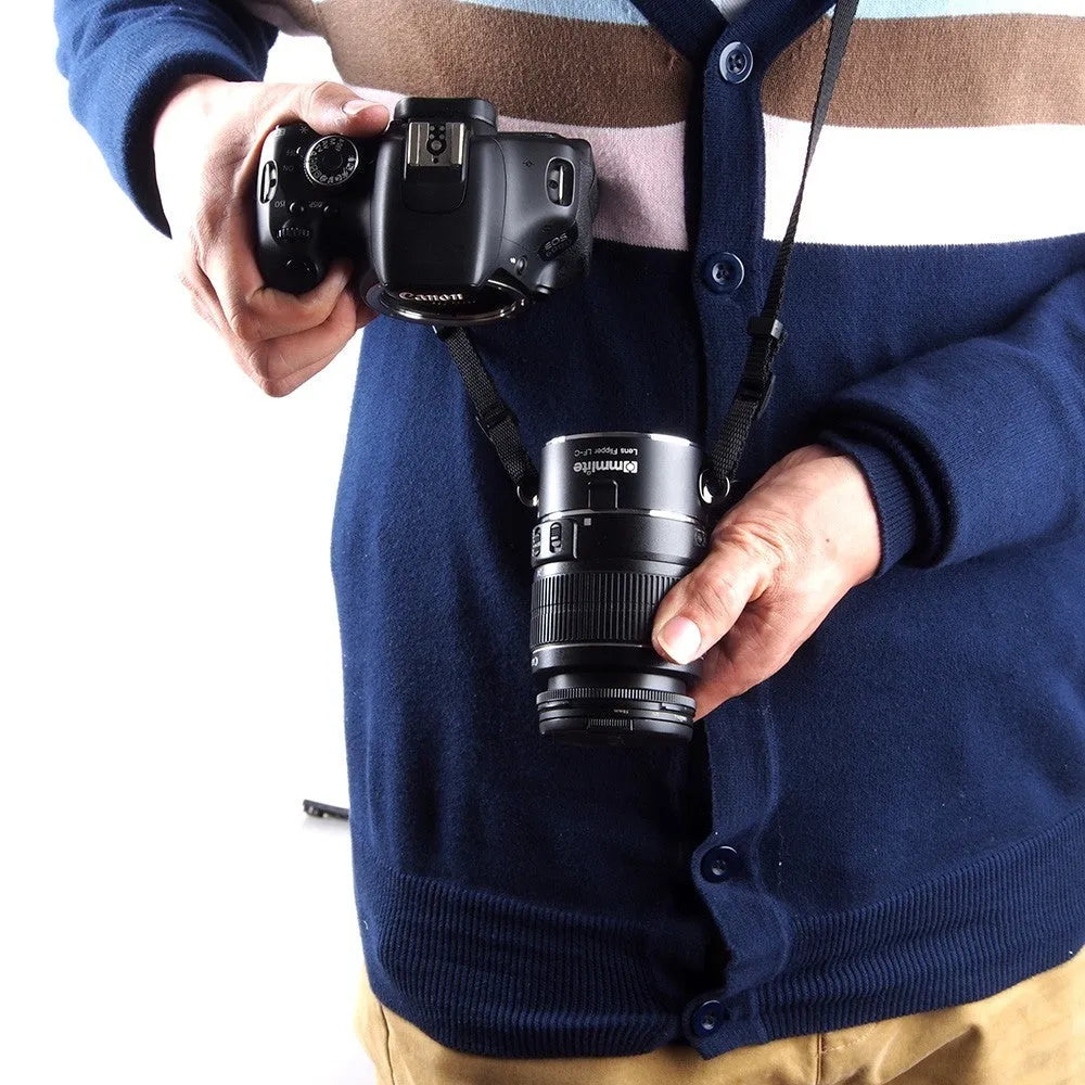 Aluminium alloy camera lens holder with stainless steel buckle and cotton strap for Canon Nikon Sony cameras