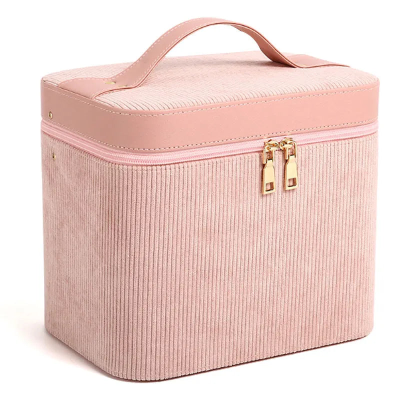 Large corduroy cosmetic storage box with soft lining in solid colour