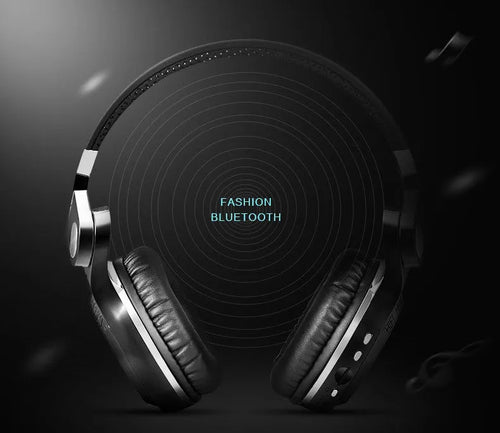 Black Bluetooth over-ear headset with an in-line subwoofer unit on the cable.