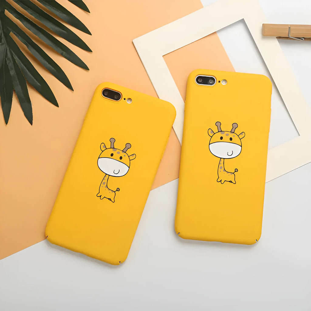 Yellow patterned hard plastic phone case for iPhone models with raised protective edges.