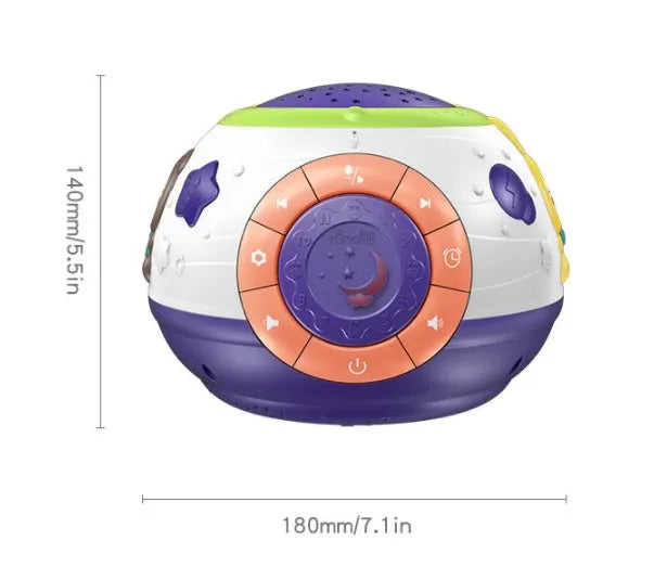 White cube-shaped children's night light projector showing starry sky projection with control button on top