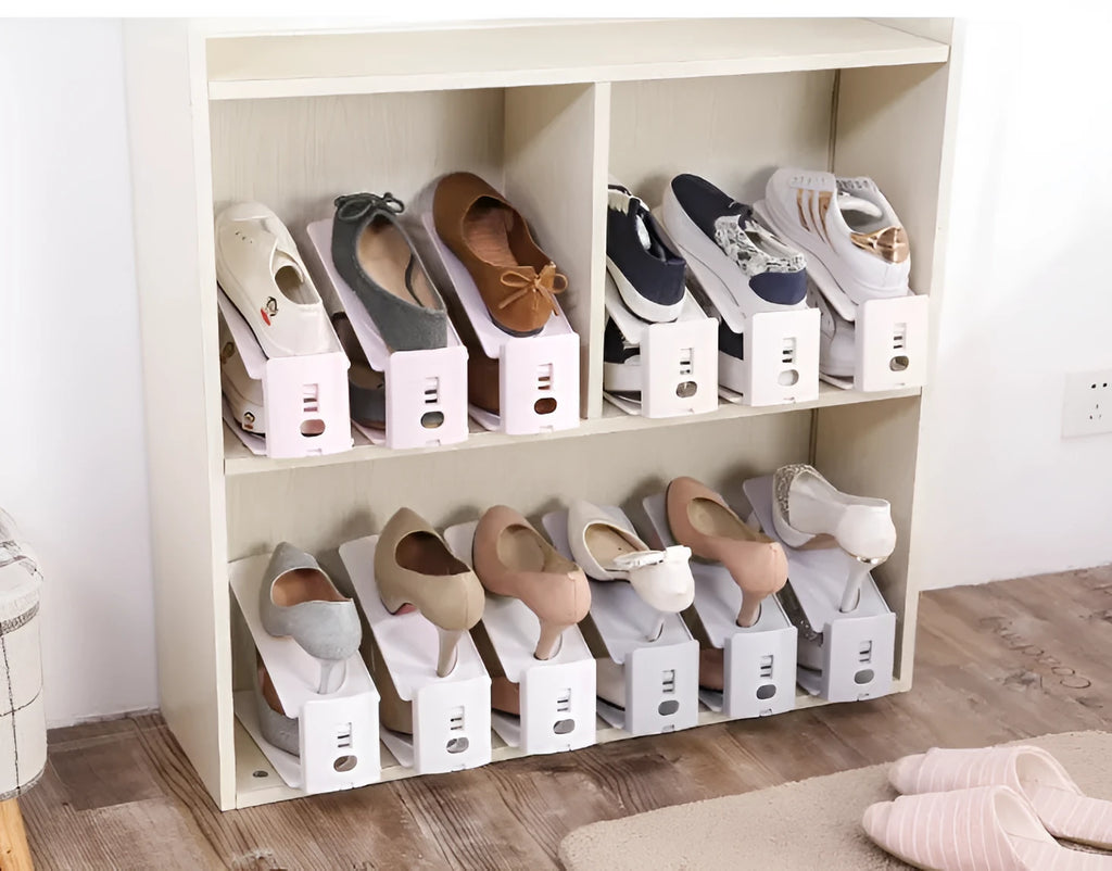 Double-layer adjustable shoe storage rack in white, holding two pairs of shoes