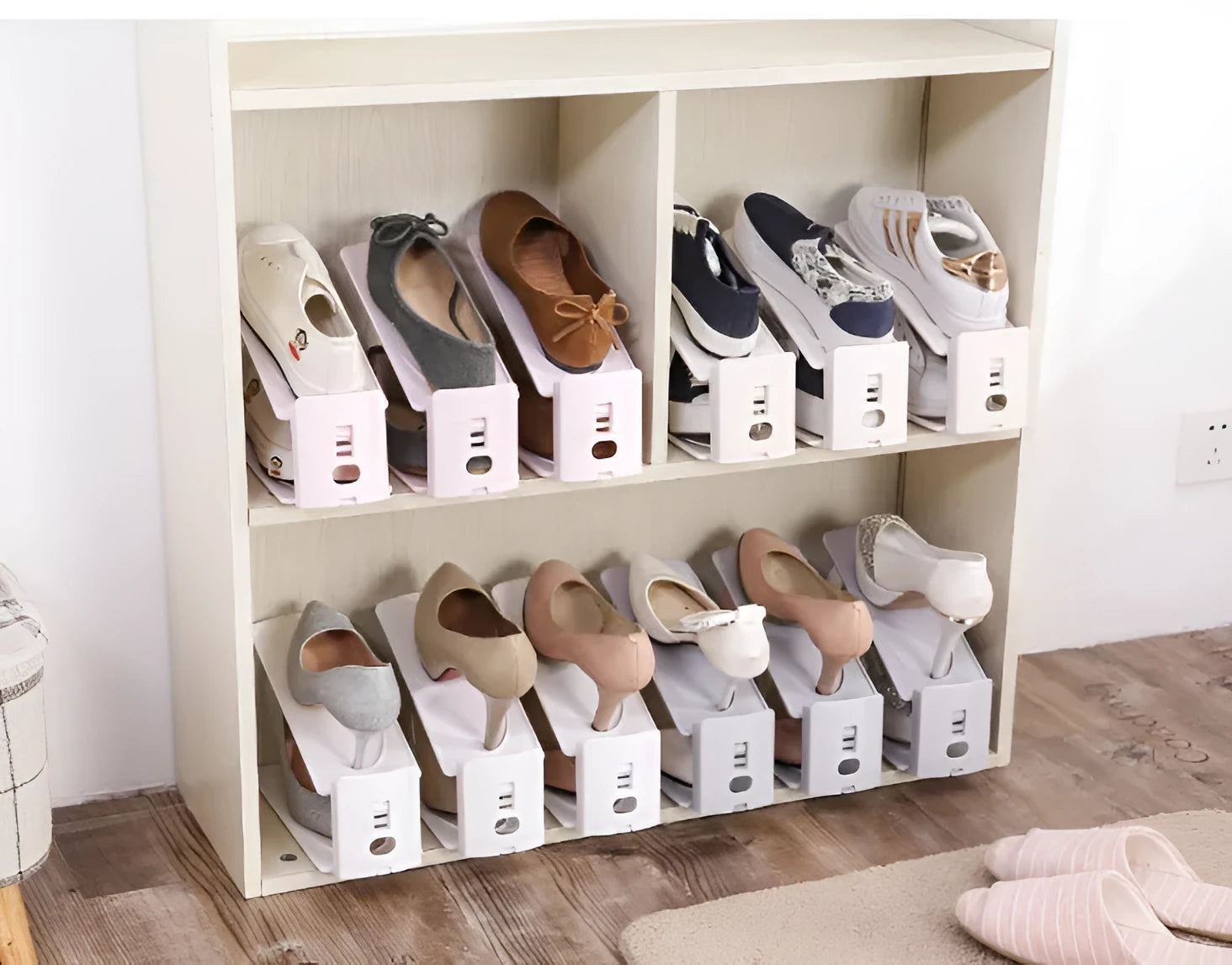 Double-layer adjustable shoe storage rack in white, holding two pairs of shoes