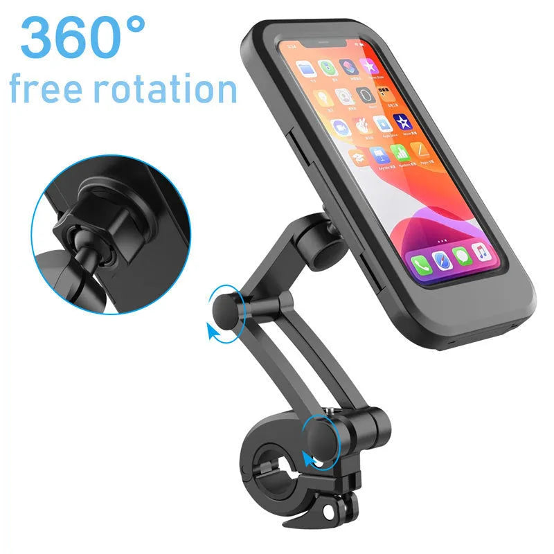 Black waterproof bicycle phone mount with magnetic suction on handlebar holding mobile device