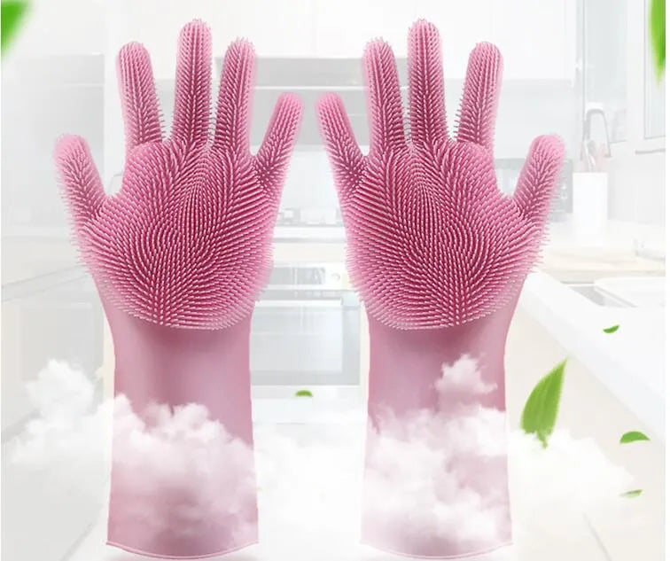 Blue silicone cleaning gloves with a textured sponge palm design for scrubbing.