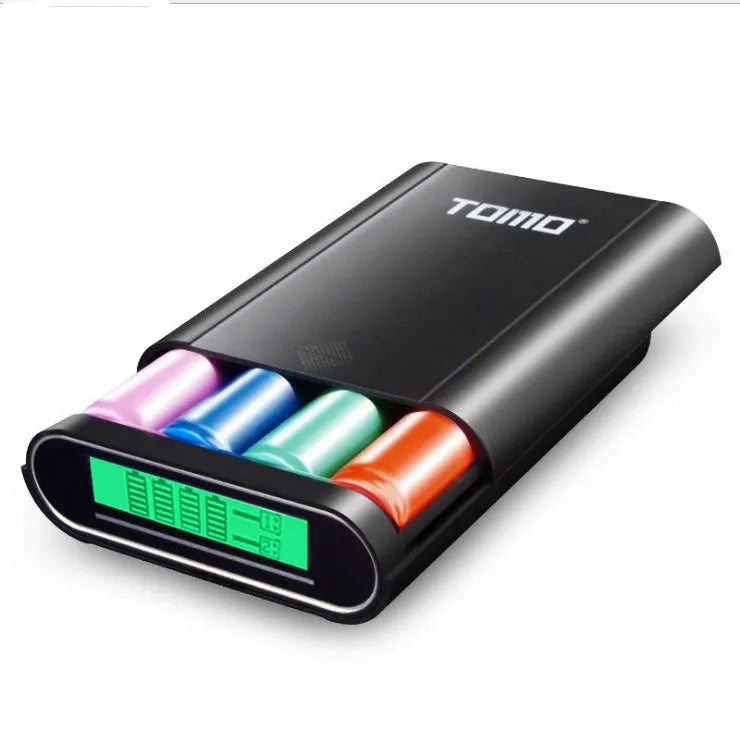 Black and white DIY mobile power bank and 18650 battery charger unit with LCD display.