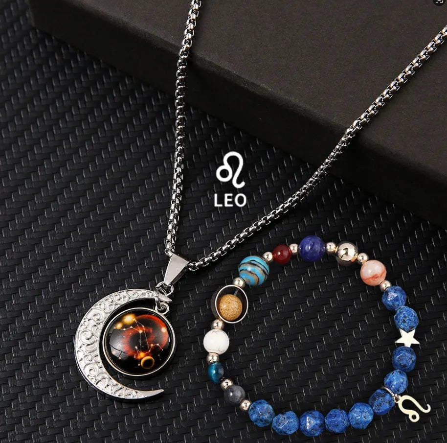 Natural stone zodiac necklace and bracelet set for all 12 star signs