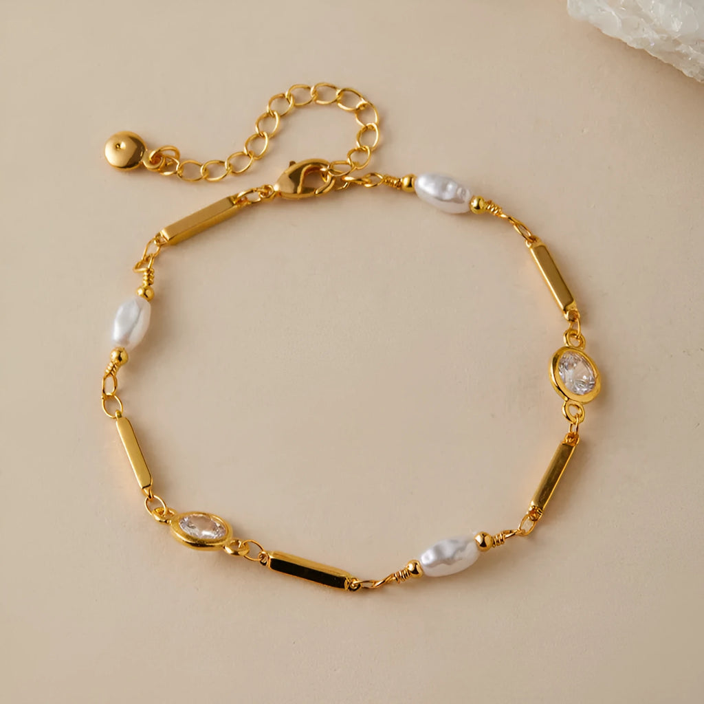18K gold copper electroplated bracelet with inlaid zircon and ABS pearl for women
