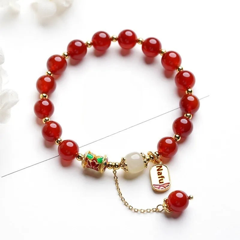 Women's natural crystal bracelet with red agate Hetian jade beads and gold plating in three style variations
